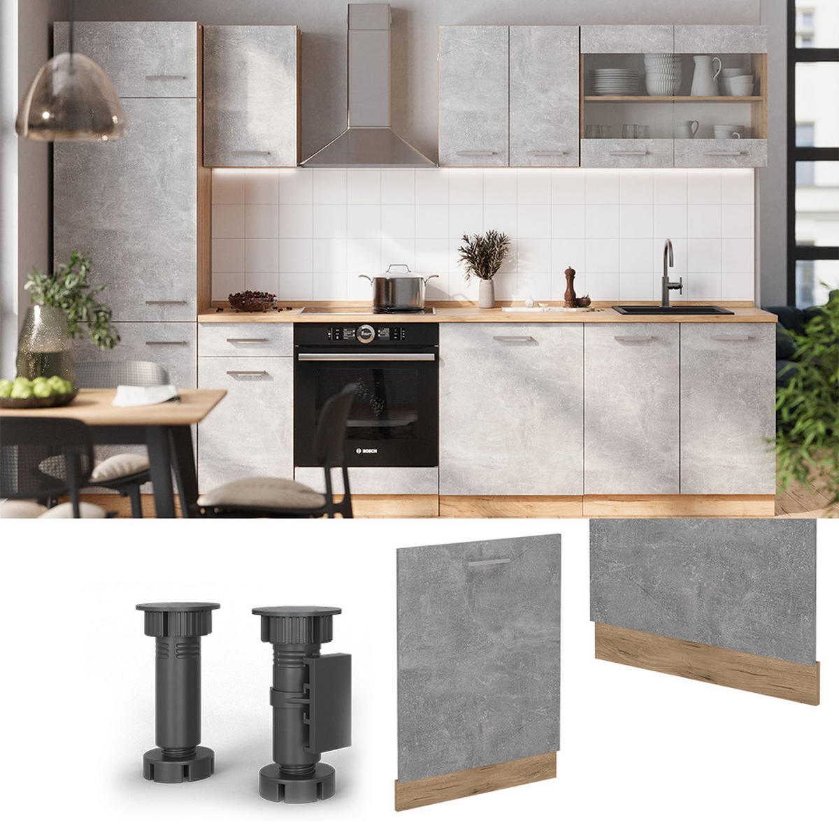 GESCHIRRSPÜLBLENDE R-Line Beton 60 cm , AP Anthrazit - Honigeiche/Schieferfarben, Holzwerkstoff (60/81.8/1.6cm) - Vicco