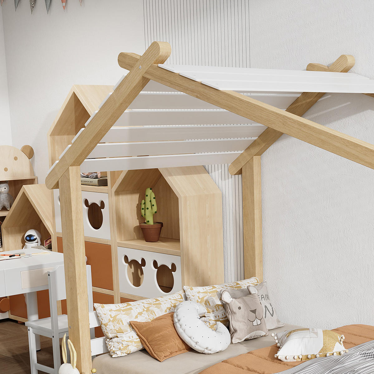KINDERBETT 90/190 cm in Weiß & Natur Hausbett aus Massivholz und MDF - Weiß/Naturfarben, Holzwerkstoff (90/190cm) - STILVORA