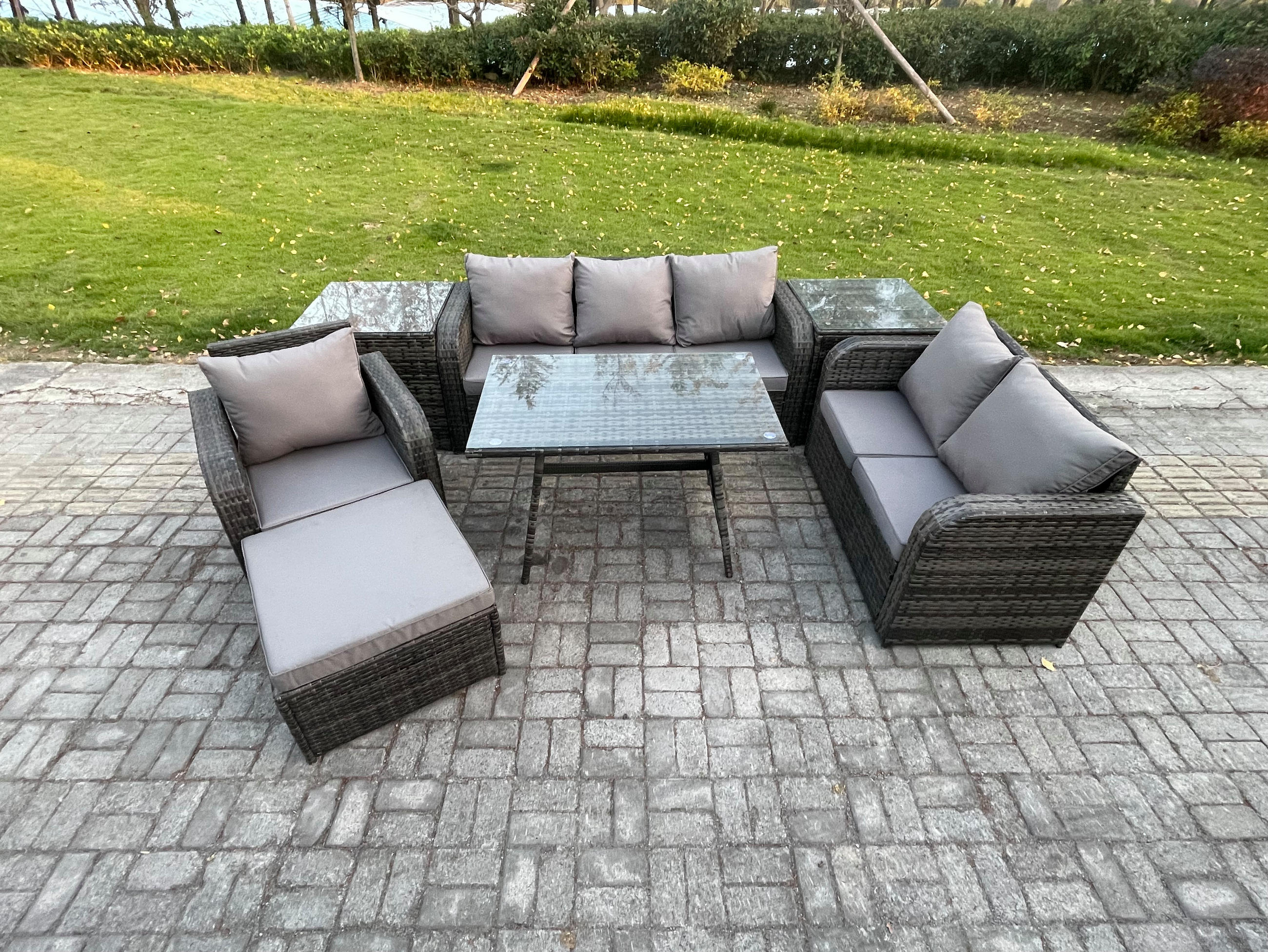 GARTENMÖBEL SET Polyrattan Dunkelgrau 7-Sitzer - Dunkelgrau/Grau, Glas/Kunststoff - Fimous
