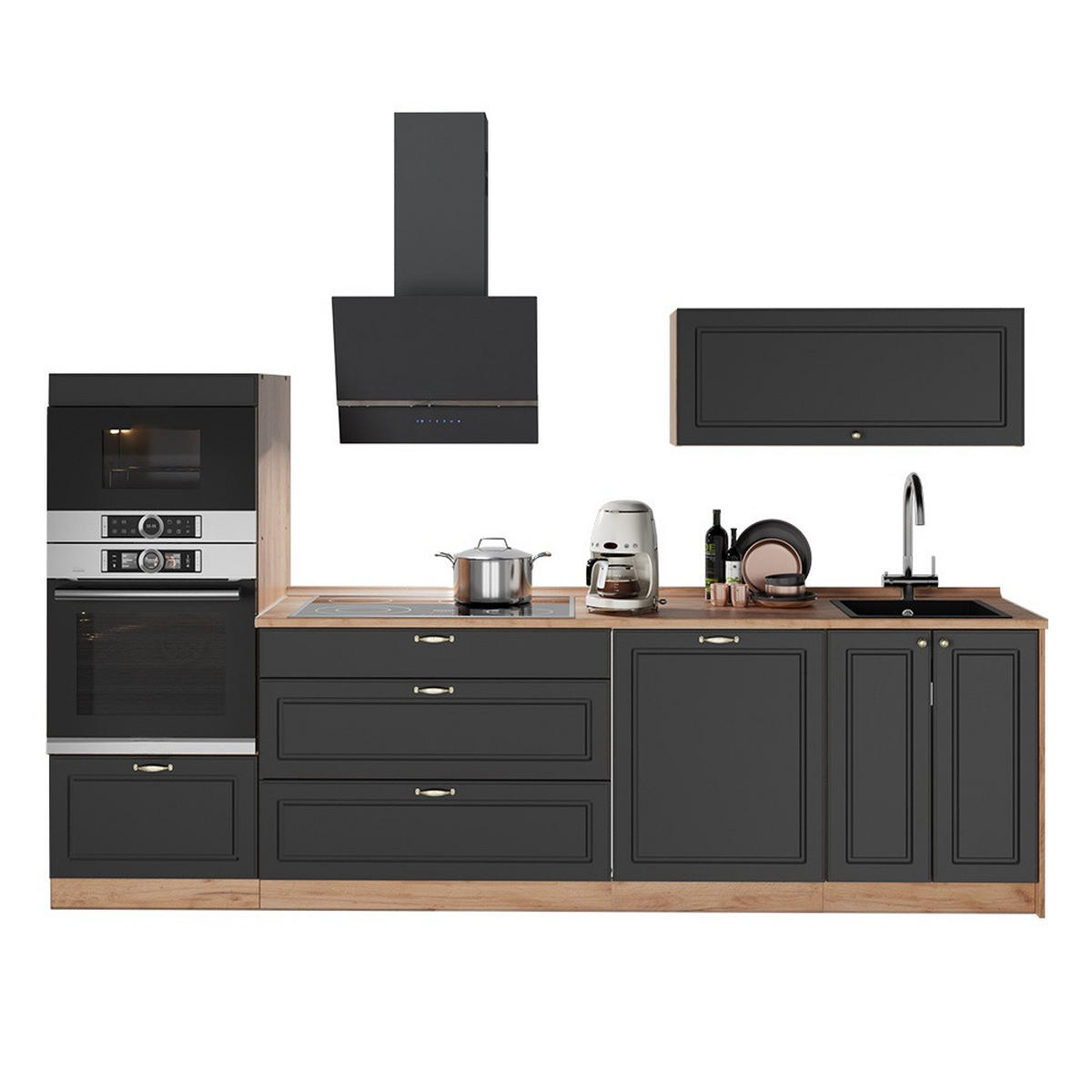KÜCHENZEILE Fame-Line, Anthrazit-Gold Landhaus/Goldkraft Eiche, 280 cm ohne Arbeitsplatte - Honigeiche/Anthrazit, Holzwerkstoff (280/153.6/51.6cm) - Vicco
