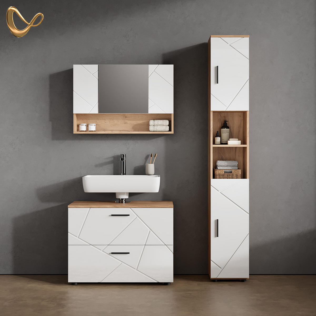 BADSCHRANK Ronco Weiß Hochglanz/Goldkraft Eiche 30 x 192 cm mit Türen, und offenen Fächern - Weiß Hochglanz/Eiche Wotan, Holzwerkstoff (30/192/30cm) - Livinity®