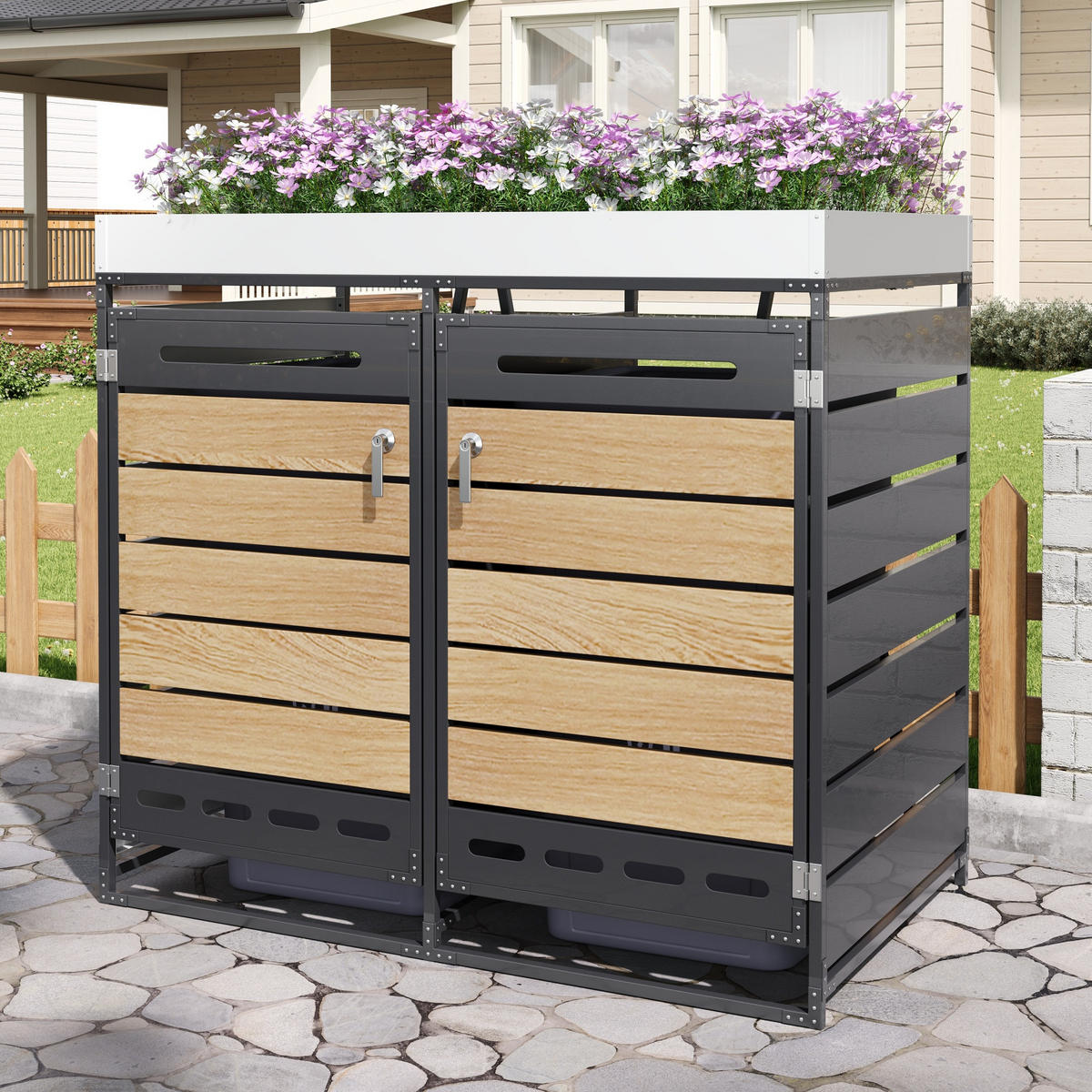 MÜLLTONNENBOX Pflanzkasten Holzoptik horizontal Schloss - Schwarz, Metall (131/120/79cm) - LEBENLANG