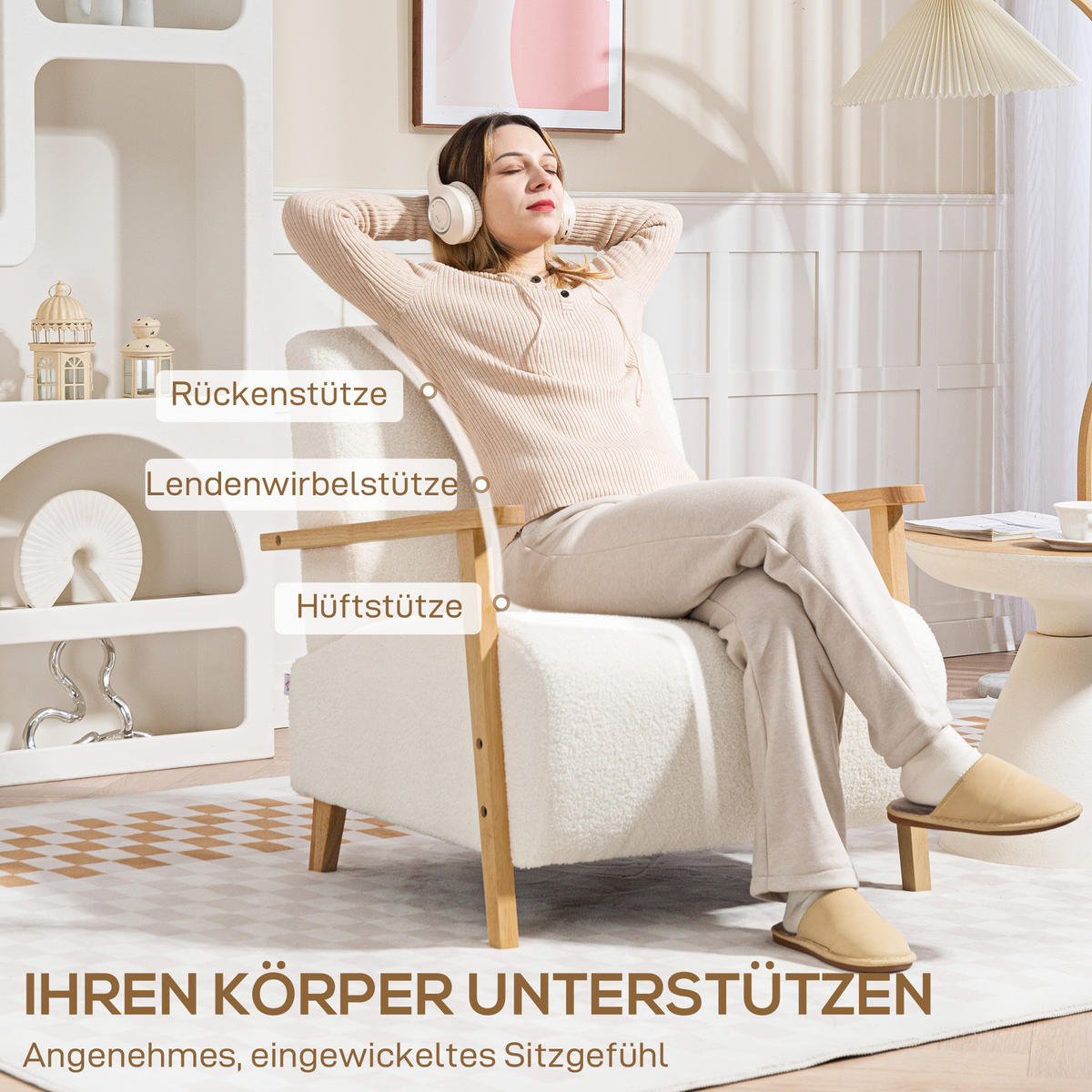 SESSEL mit Rückenlehne, Armlehnen, bis 120 kg, Cremeweiß - Weiß, Kunststoff (76/78/74.5cm) - HOMCOM