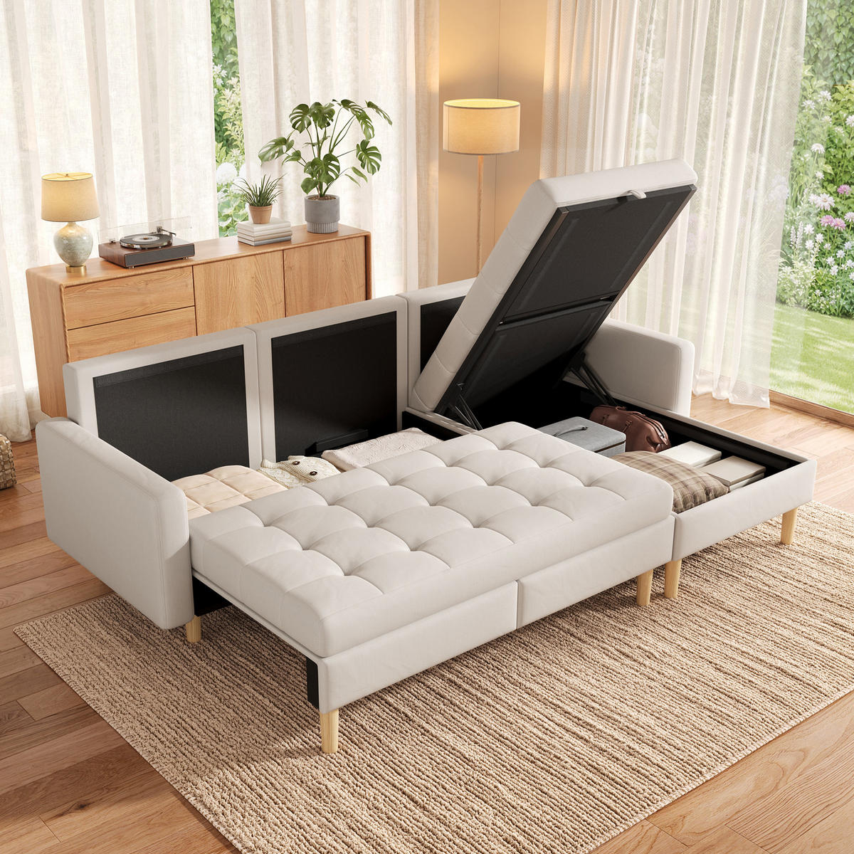 ECKSOFA L Form Stauraum Chaiselongue 3-Sitzer Beige 212cm - Beige, Textil (212/130cm) - FLIEKS
