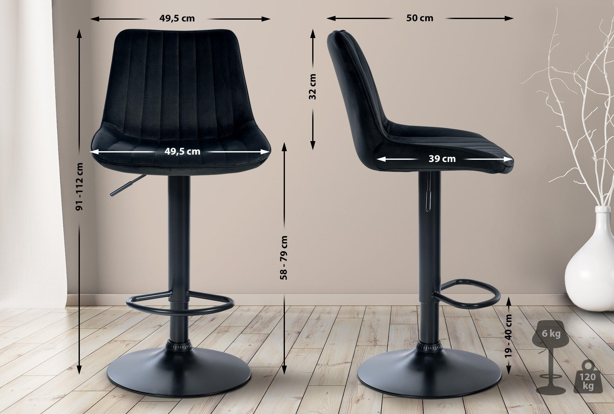 BARHOCKER RIO Schwarz Samt Schwarz - Schwarz, Textil/Metall (49.5/91/50cm) - DELUKE