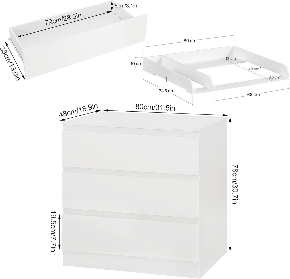 WICKELKOMMODE mit 3 Schubladen Weiß 48 x 80 x 78 cm - Weiß, Holzwerkstoff (80/78/48cm) - Woltu
