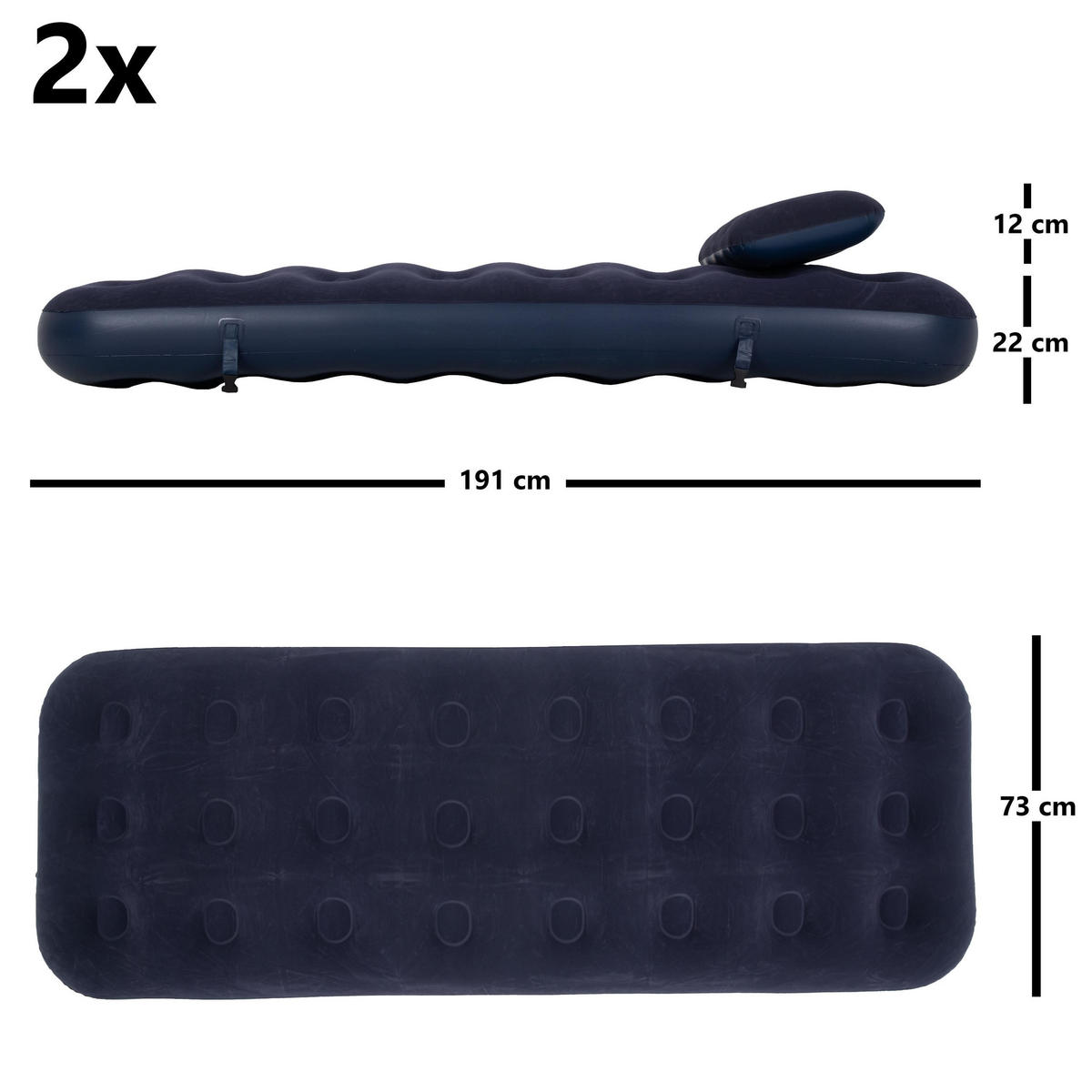 LUFTBETT Luftmatratze Camping 2x 191x73x22cm blau 2 Kissen aufblasbar ohne Pumpe - Blau, Kunststoff (73/191cm) - Avenli