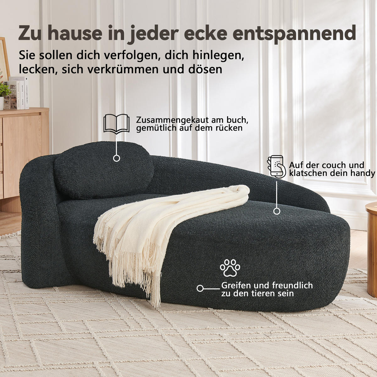 ECKSOFA 170/96/62 cm Schwarz Teddy mit Kissen - Schwarz, Textil (170/96cm) - Oxeza