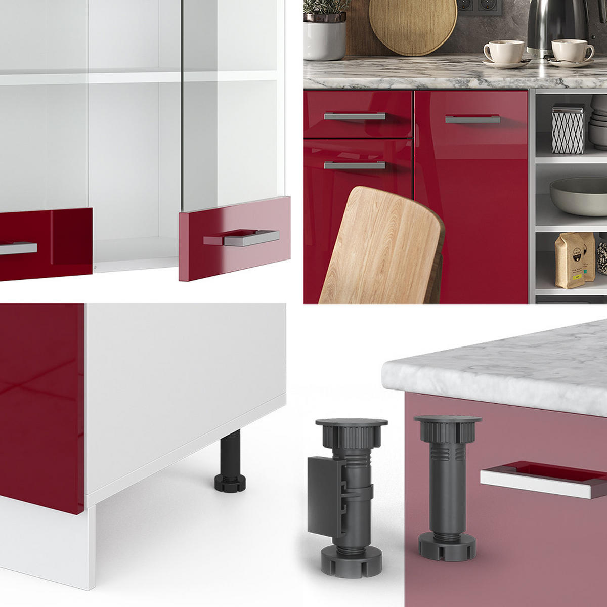 KÜCHENZEILE R-Line Rot Hochglanz/Weiß 240 cm ohne AP - Bordeaux/Weiß, Holzwerkstoff (240/81.6/46cm) - Vicco