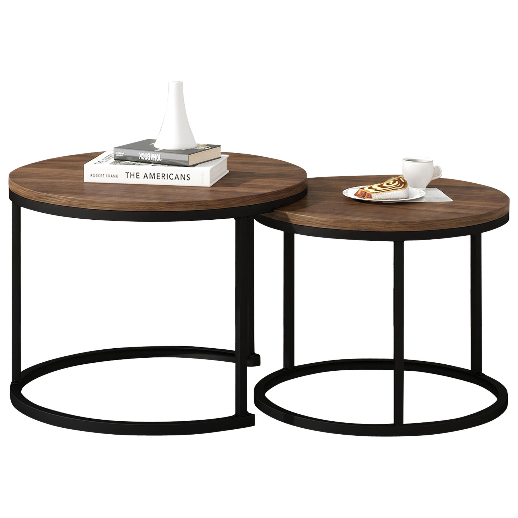 COUCHTISCH SET in Walnussfarben und Schwarz mit Tischplatte in Marmoroptik für Wohnzimmer, B71/T71/H50 cm - Walnussfarben/Schwarz, Holzwerkstoff/Metall (70.5/70.5/50cm) - STILVORA