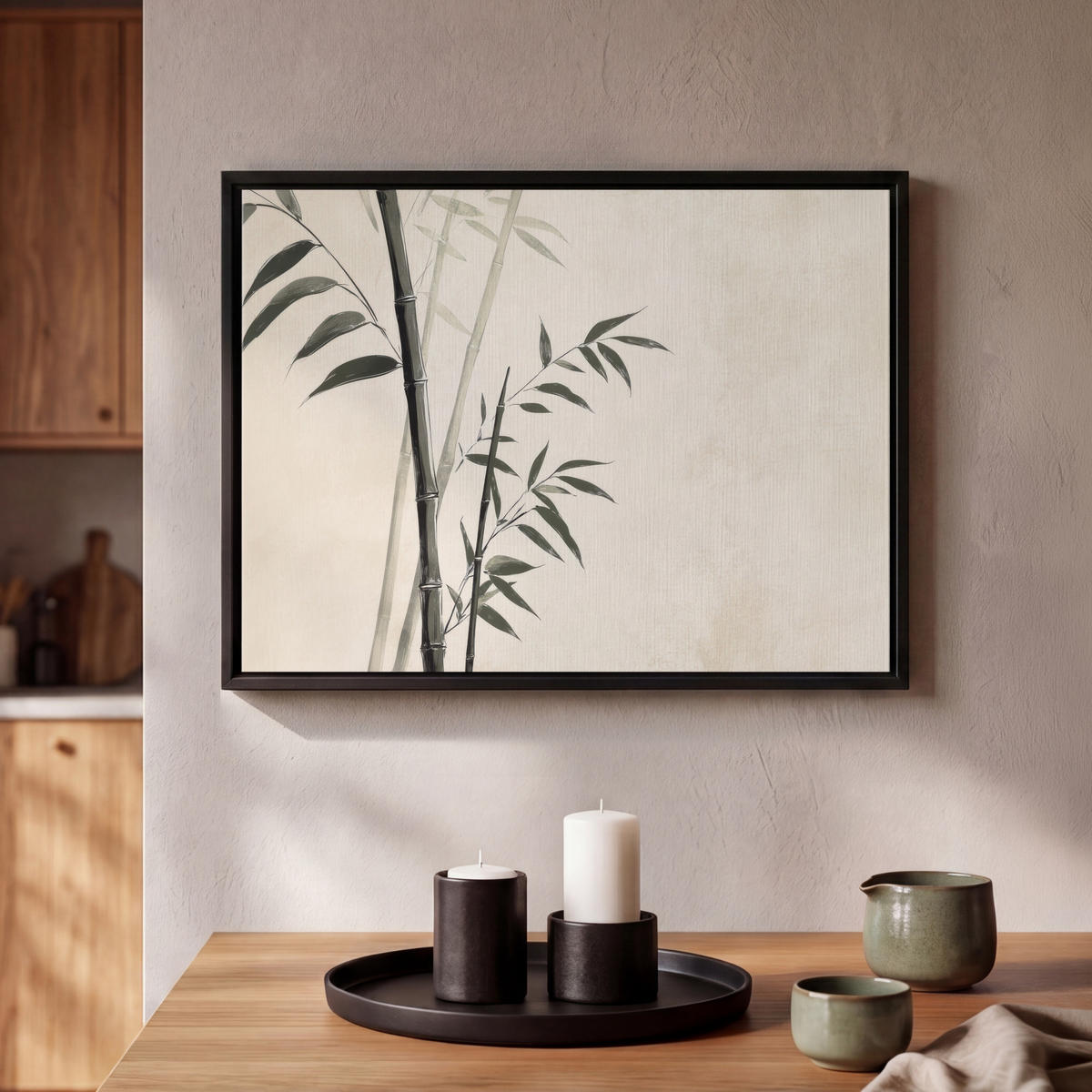 LEINWAND Bilder mit Rahmen - Japandi - Bambus - Beige - 40x30 - Eukalyptusholzfarben, Textil (40/30cm) - MuchoWow