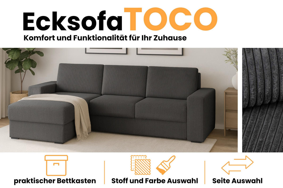 ECKSOFA TOCO L 240x145 cm in Cord Anthrazit links - Anthrazit, Holz/Holzwerkstoff (240/145cm) - Deine Möbel 24
