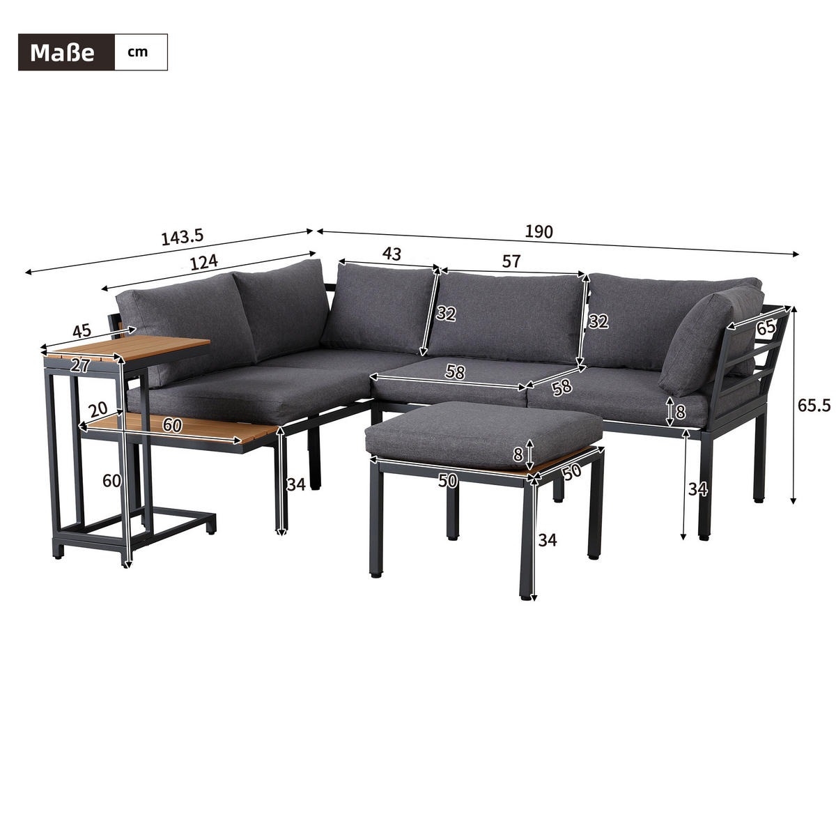 LOUNGEGARNITUR Grau/Schwarz aus Polyester und Stahl 3er Set - Grau, Metall - OKMYHOME