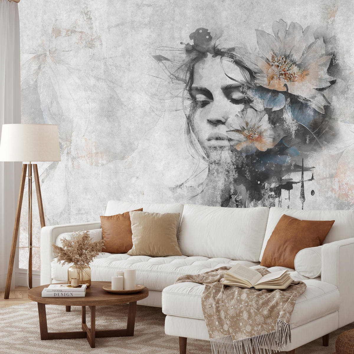 FOTOTAPETE für Wohnzimmer Gesicht Frau Grau Betonwand Blumen 250x175 - Grau, Papier (250/175cm) - Muralo