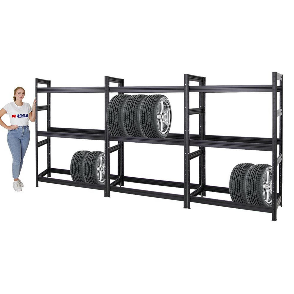 REIFENREGAL Dino 3er-Set mit 3x 180x120x50 cm Fachlast 150 kg bis zu 36 Reifen Schwarz - Schwarz, Metall (360/180/50cm) - PROREGAL