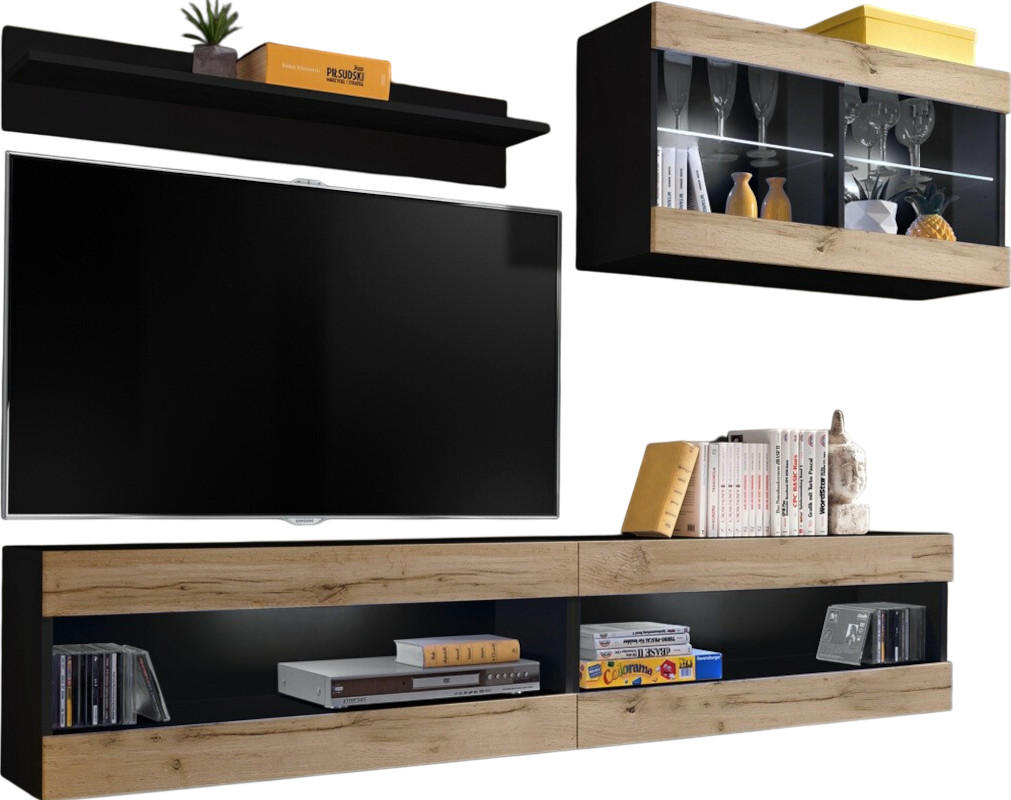 Komodee Wohnwand Eiche Wotan, Schwarz 240x195x35 cm
