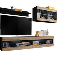 WOHNWAND 4-er Set, TIVOLI SET6 Schwarz + Wotan, Offener Raum - Eiche Wotan/Schwarz, Glas/Holzwerkstoff (240/195/35cm) - Komodee