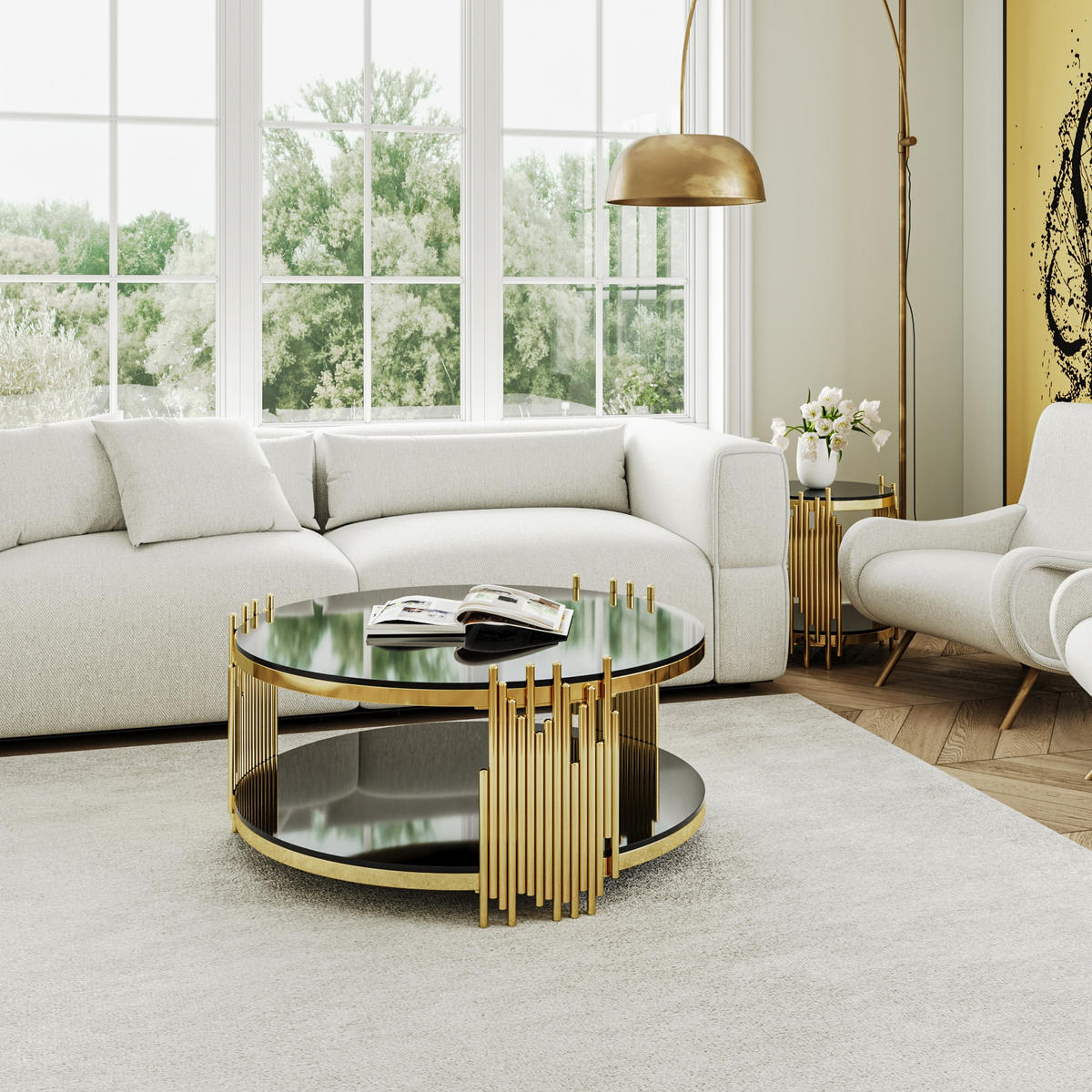 COUCHTISCH in Schwarz Runder Wohnzimmer für Wohnzimmer / Zuhause / Büro - Goldfarben/Schwarz, Glas/Holzwerkstoff (80/80/45cm) - STILVORA
