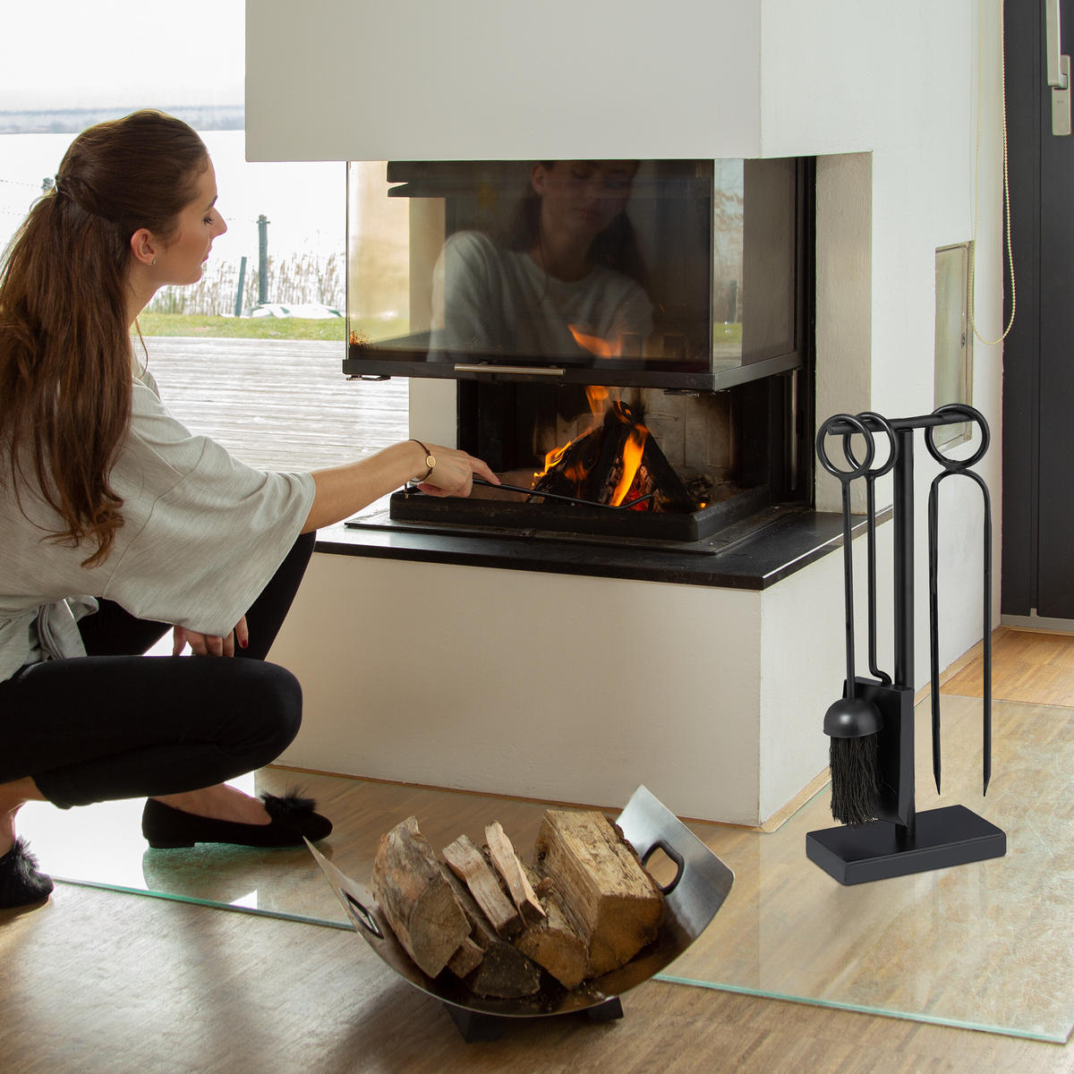 5-DIELNA súprava na krb - čierna, kov/textil (17/42/9cm) - Relaxdays