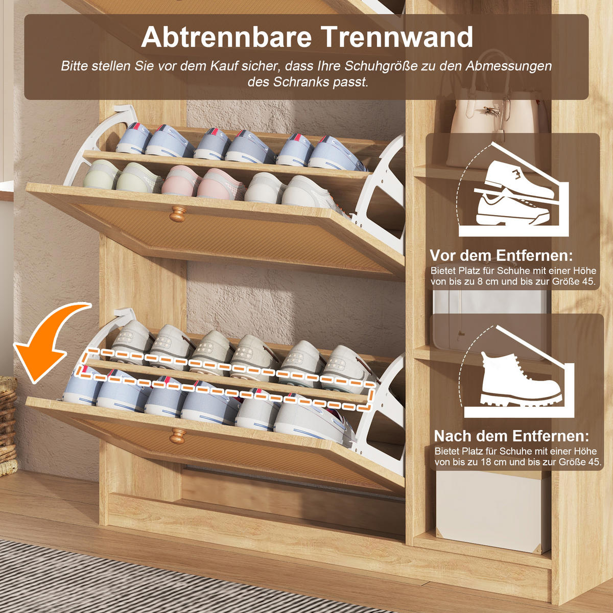 SCHUHSCHRANK 90x24x130cm Rattan mit 3 Klappen, 2 Schubl. - Naturfarben, Holzwerkstoff (90/130/24cm) - FLIEKS