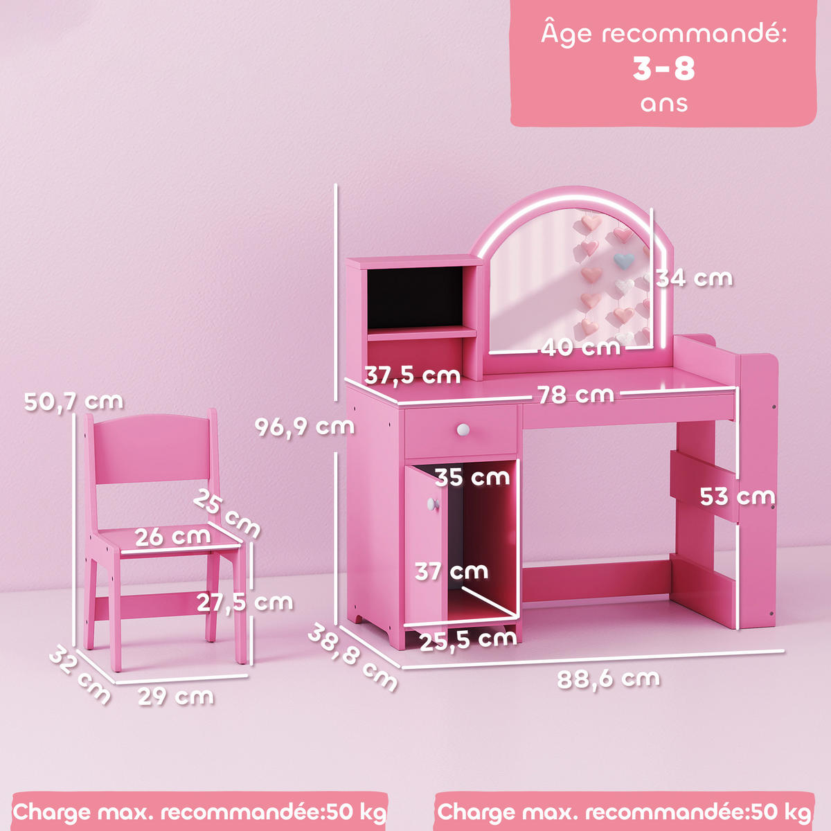 KINDERSCHMINKTISCH DE-18635 LED-Spiegel mit 2 Lichtfarben Rosa - Pink, Holzwerkstoff (38.8/96.9/88.6cm) - ComfortXL