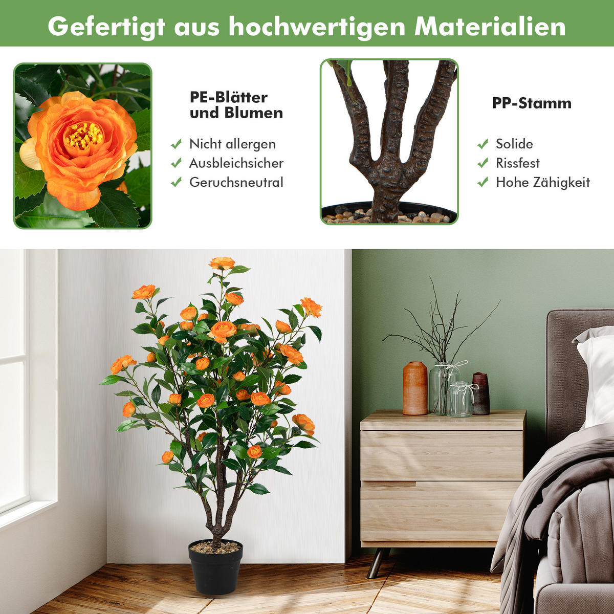 KAMELIENBAUM Künstlicher Grün Gelb - Grün, Kunststoff (102cm) - COSTWAY