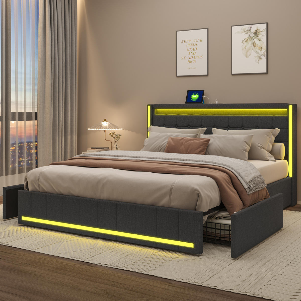 POLSTERBETT 140x190 cm Dunkelgrau Leinen LED USB 4 Schubladen - Grau, Holz (140/200cm) - SHOPENTRA