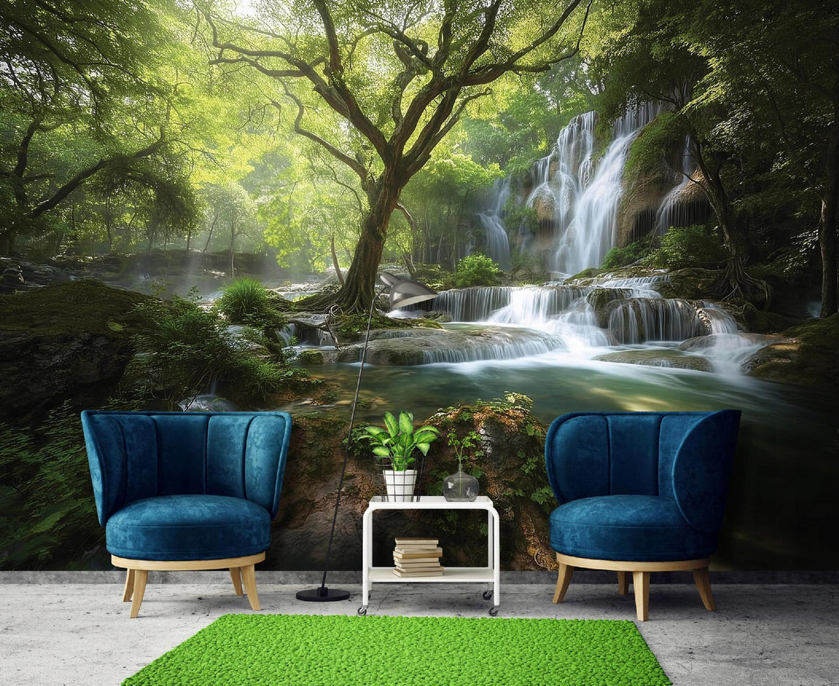 FOTOTAPETE Wald Wasserfall Grün 400x280 cm - Multicolor, Papier (400/280cm) - Wallarena
