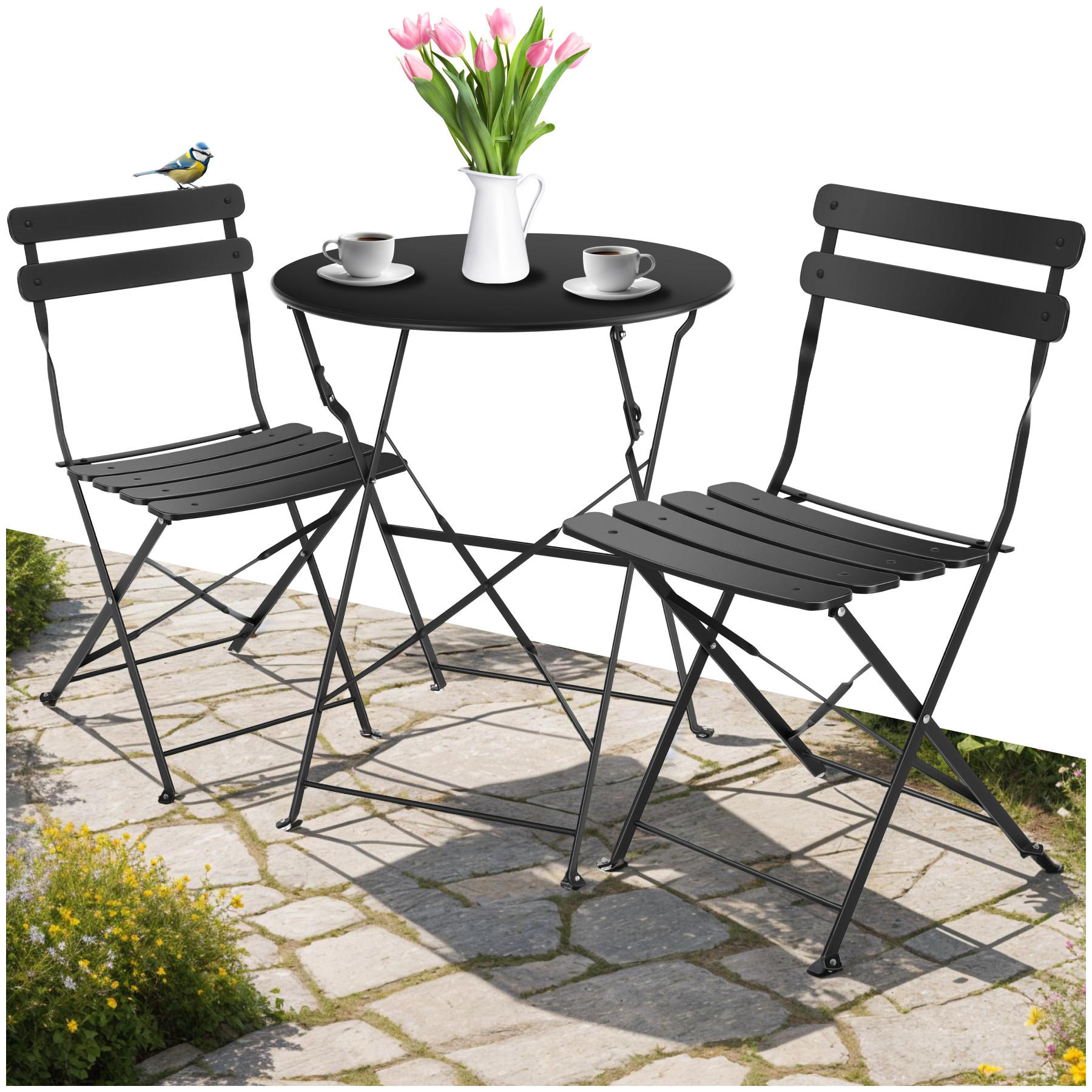 BISTROTISCH SET Frieda,Belastbarkeit Stuhl 120 kg,schwarz - Schwarz, Naturmaterialien/Textil - tectake
