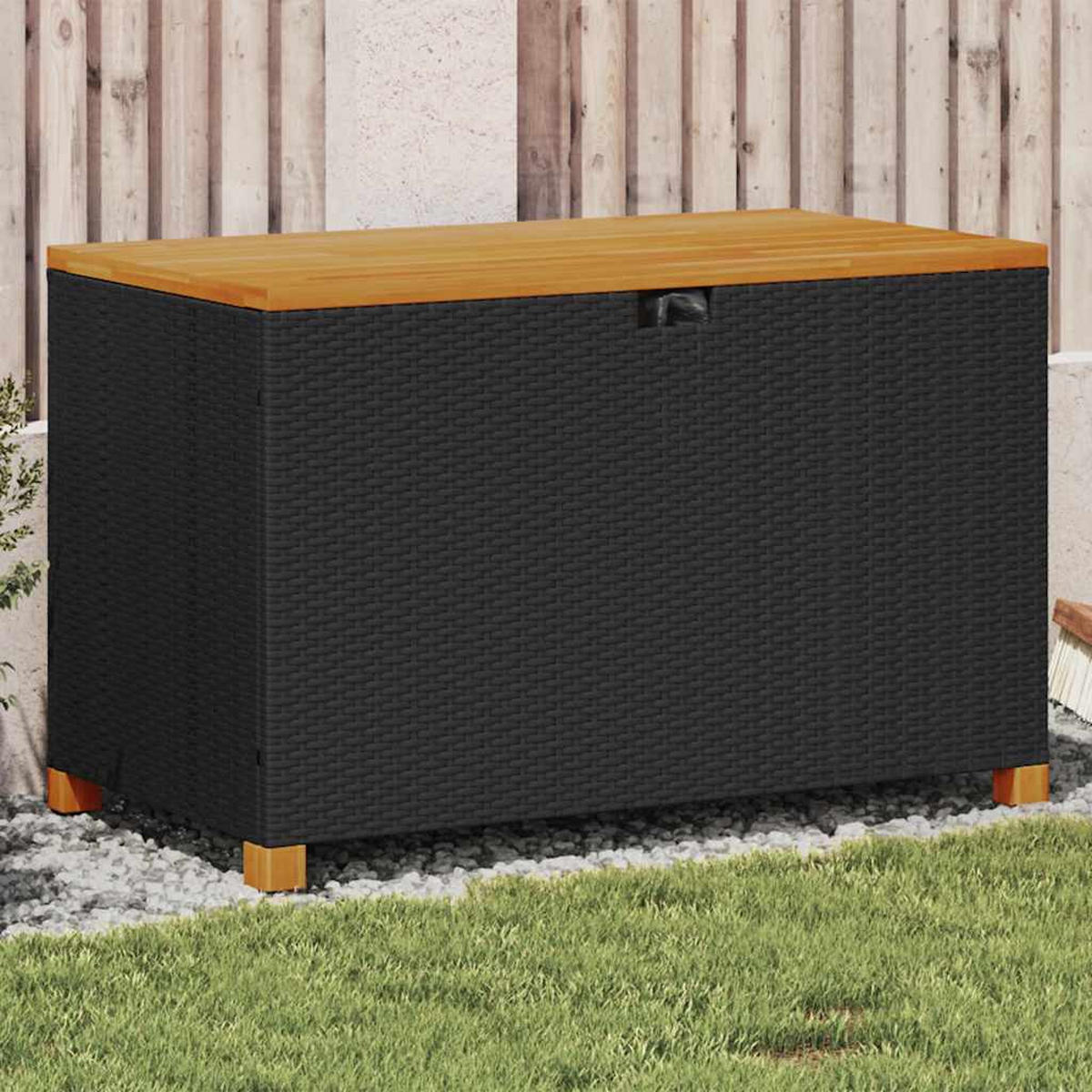 GARTENTRUHE Schwarz 110x55x63 cm Poly Rattan Akazienholz - Schwarz, Kunststoff (110/63/55cm) - furnicato