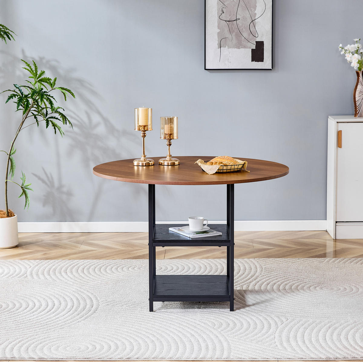 ESSTISCH 107/75 cm in Nussbaum-Optik mit 2 Ablagen und Metallgestell - Schwarz, Holzwerkstoff (107/107/75cm) - Flora Grace