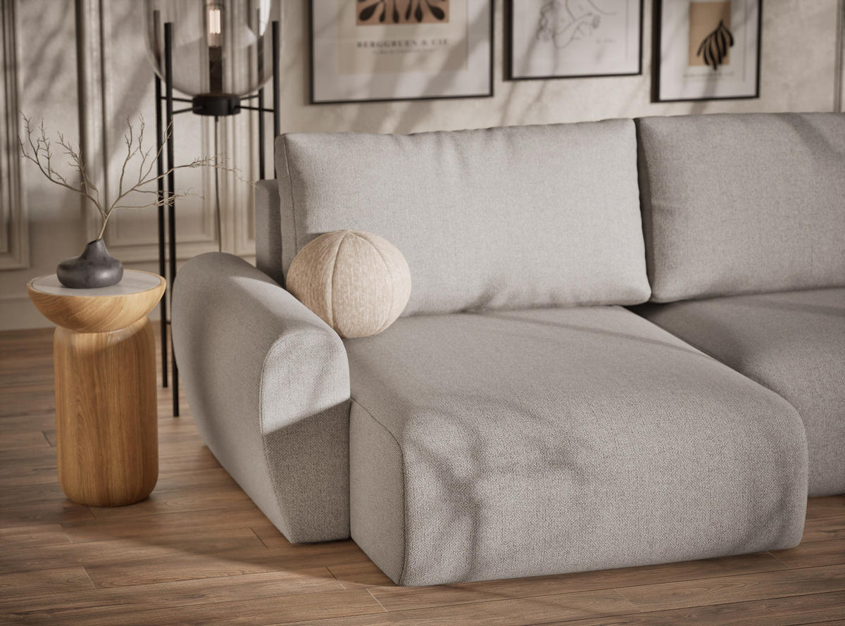 WOHNLANDSCHAFT MIT SCHLAFFUNKTION Zaya Seidengrau Webstoff - Beige/Schwarz, Holz/Holzwerkstoff (397/70/153cm) - Maison de Reve