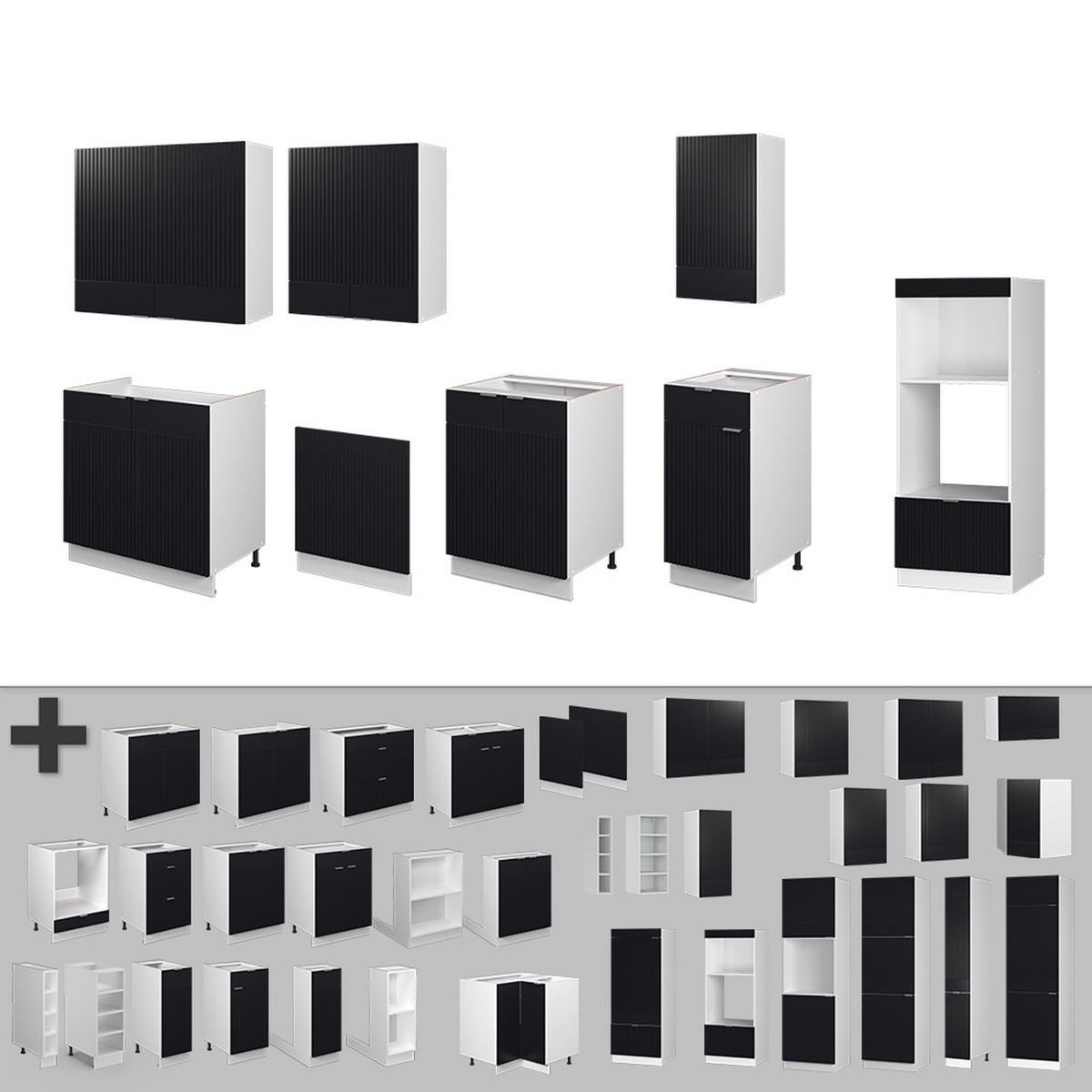 KÜCHENZEILE Fame-Line, Schwarz gestreift/Weiß, 300 cm mit Hochschrank, AP Anthrazit - Schwarz/Weiß, Holzwerkstoff (300/81.6/60cm) - Vicco