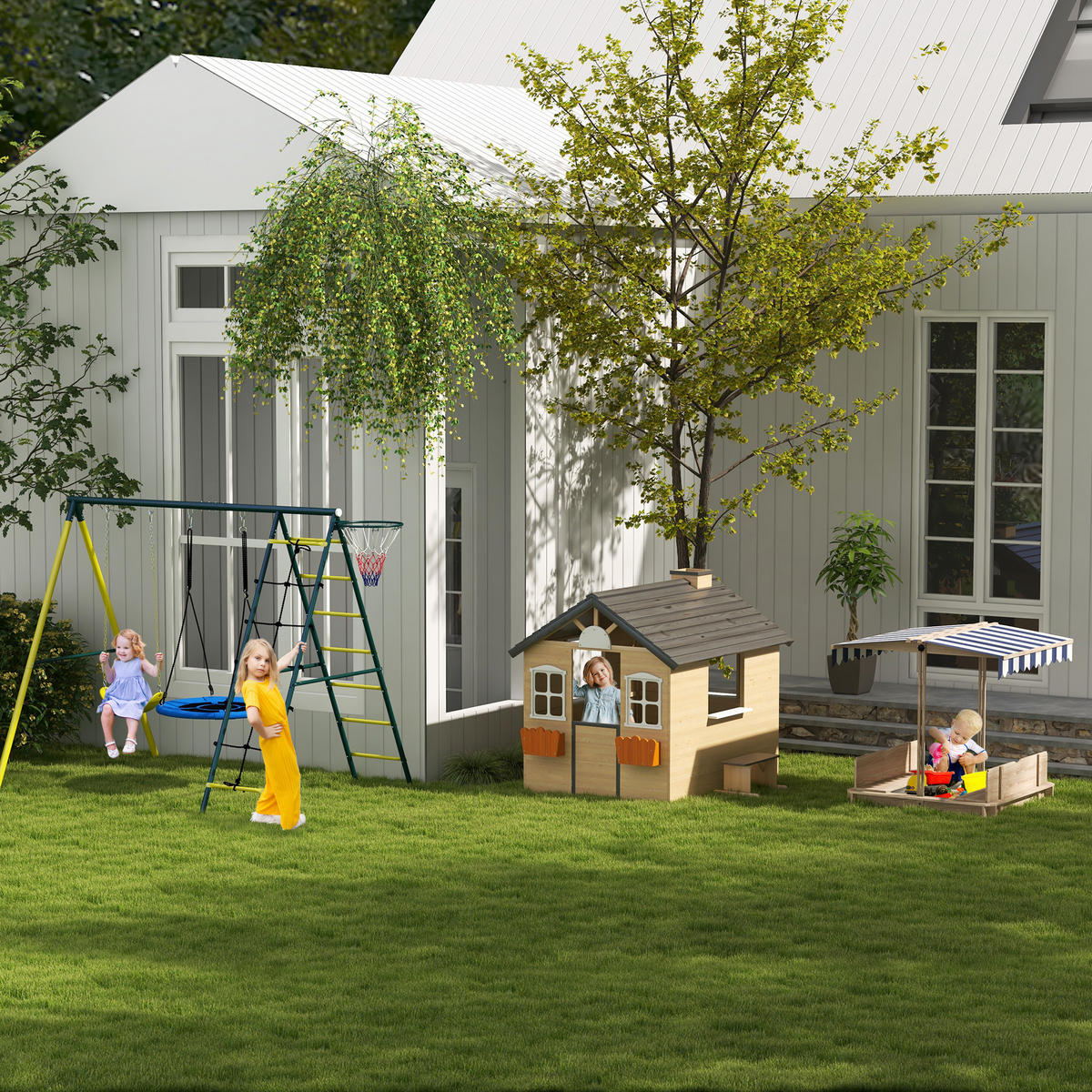 SPIELHAUS DE-10859 mit Tür, Fenster & Blumentopfrack Natur - Naturfarben, Holzwerkstoff (94/134.5/113cm) - ComfortXL