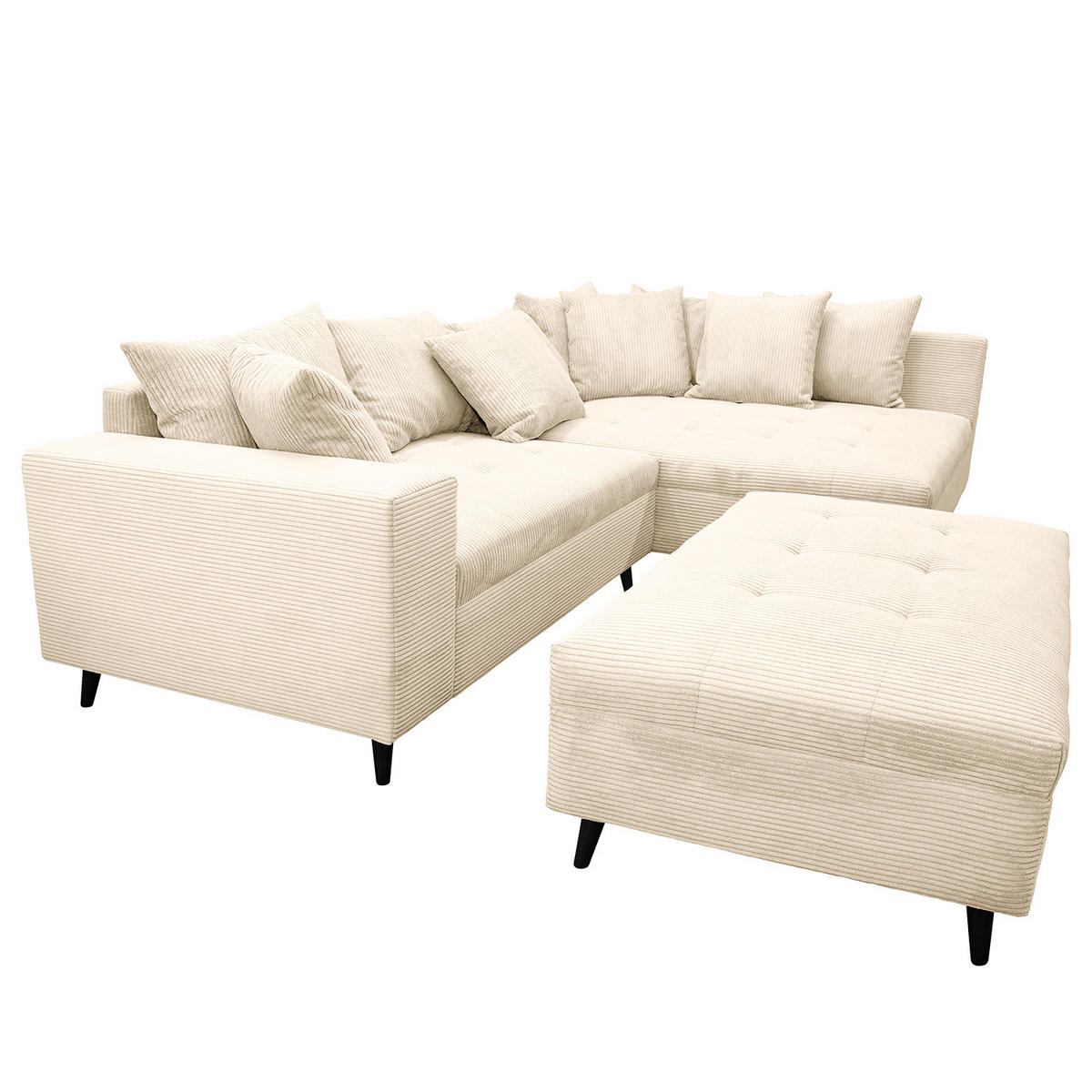 ECKSOFA mit Ottomane und Hocker - Creme/Schwarz, Birkenholz/Textil (247/174cm) - home24