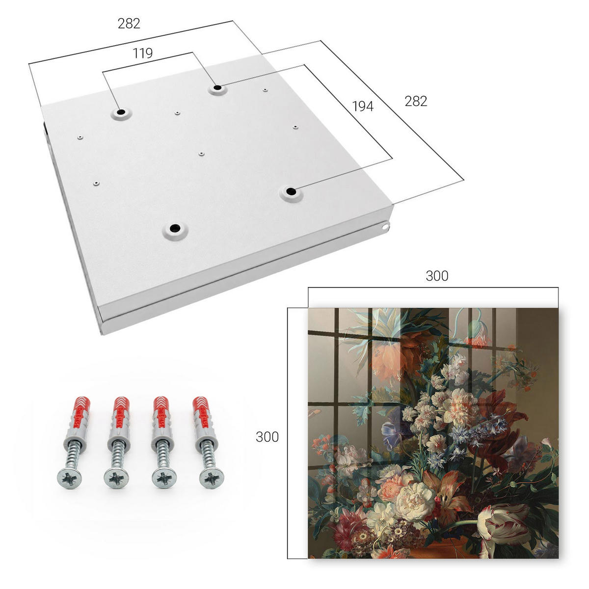 SCHLÜSSELBOX Weiß 30x30 cm – Türöffnung nach rechts - Blumenstrauß - Grün, Metall (30/30/5cm) - TULUP