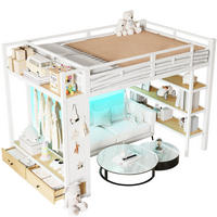 HOCHBETT 140/200 cm mit offenem Kleiderschrank, Regalfächern, Lochwand und LED-Beleuchtung, Weiß - Weiß, Holzwerkstoff (140/200cm) - Redom