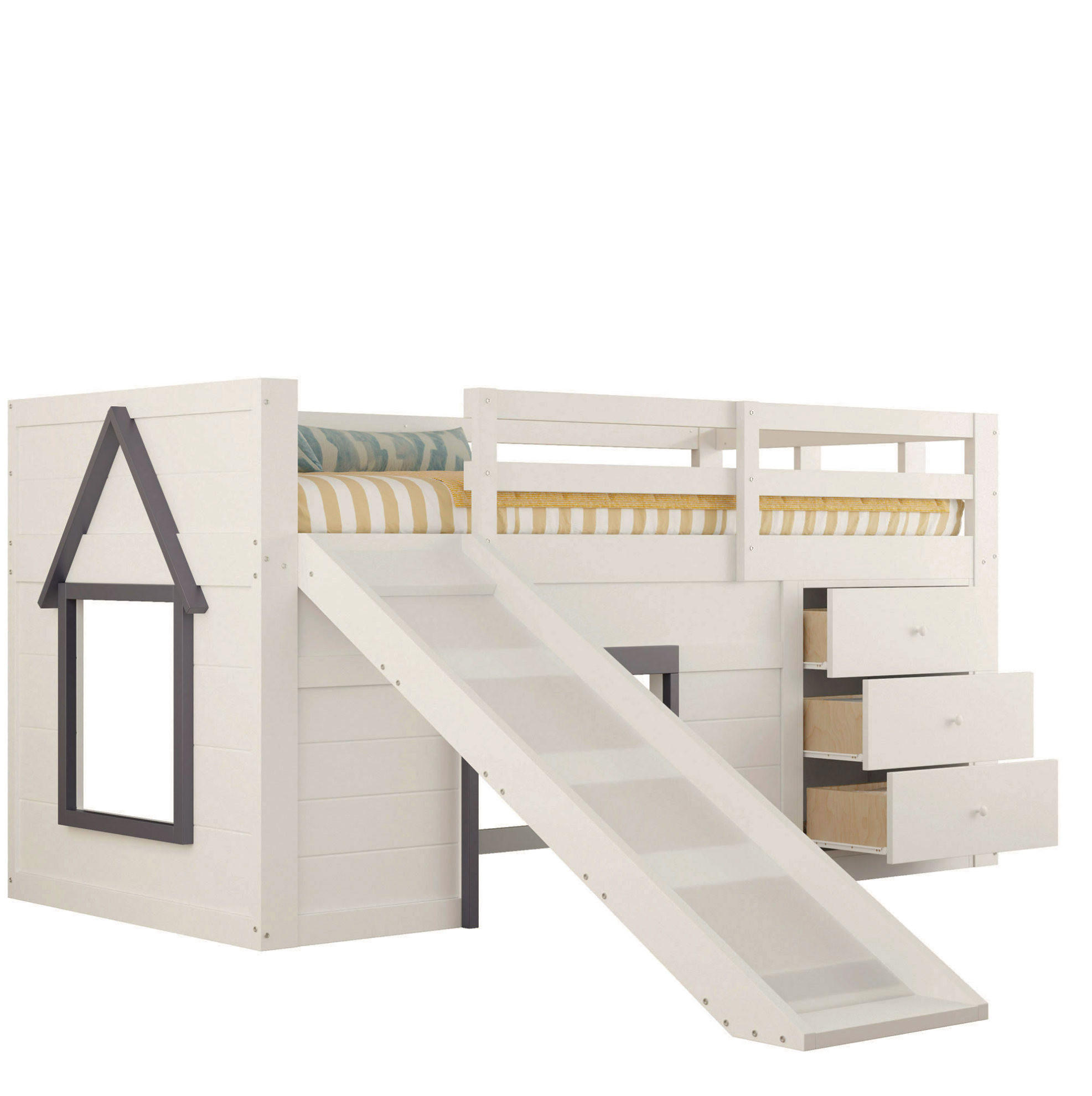 HOCHBETT aus Kiefer und MDF 90x200 cm Creme mit Rutsche, 3 Schubladen, 2 Türen und Lattenrost - Weiß, Holzwerkstoff (90/200cm) - Modfu