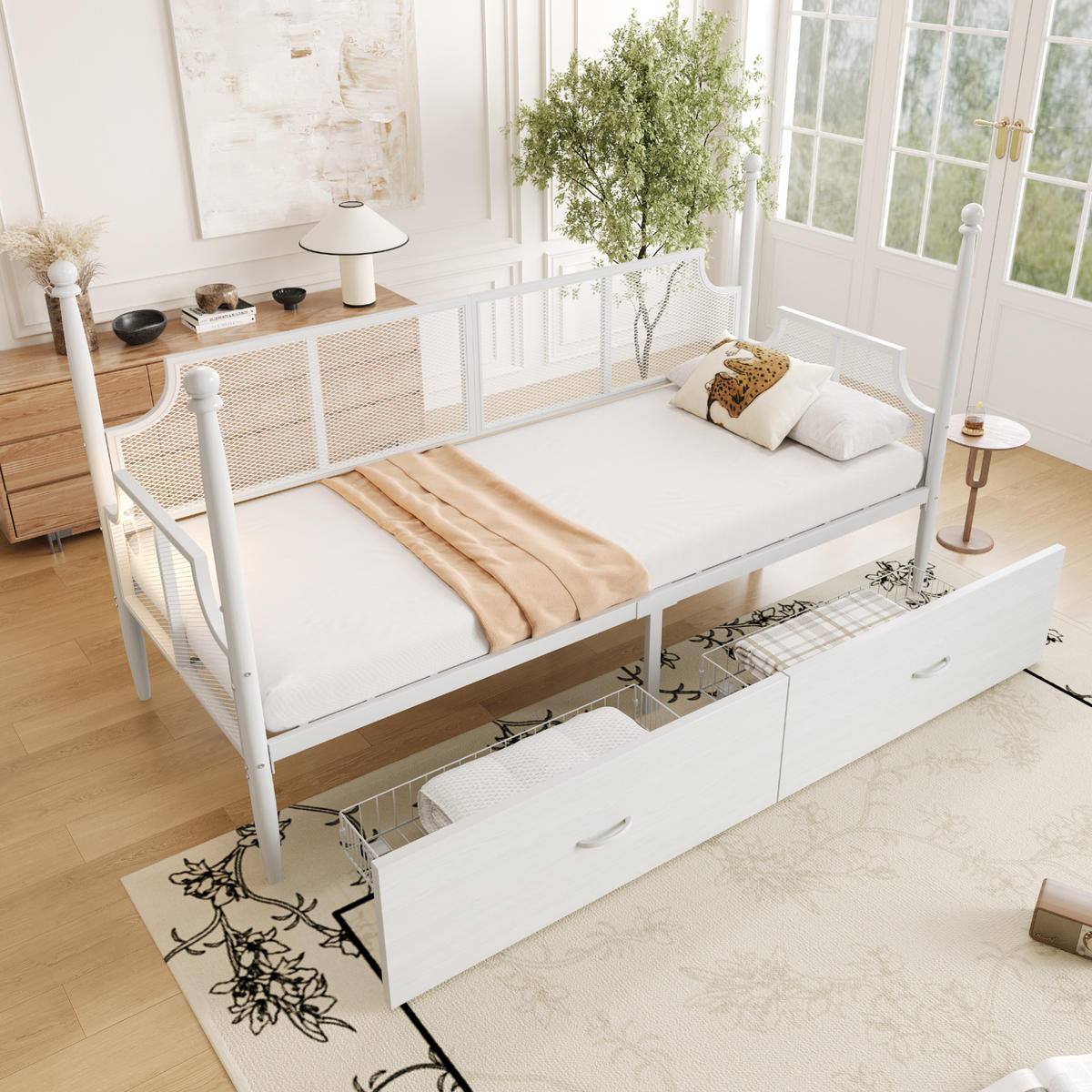 METALLBETT 90/200 cm weiß mit Vintage-Rückenlehne und Ablagefächern - Weiß, Metall (90/200cm) - OKWISH