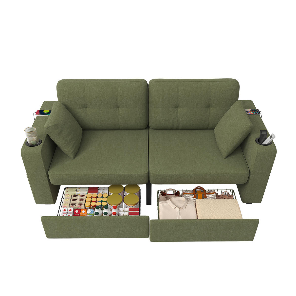 2-SITZER Sofa aus Chenille 172x75x82 cm mit USB-Anschlüssen & Stauraum, olive - Grün, Textil (75/82/172cm)