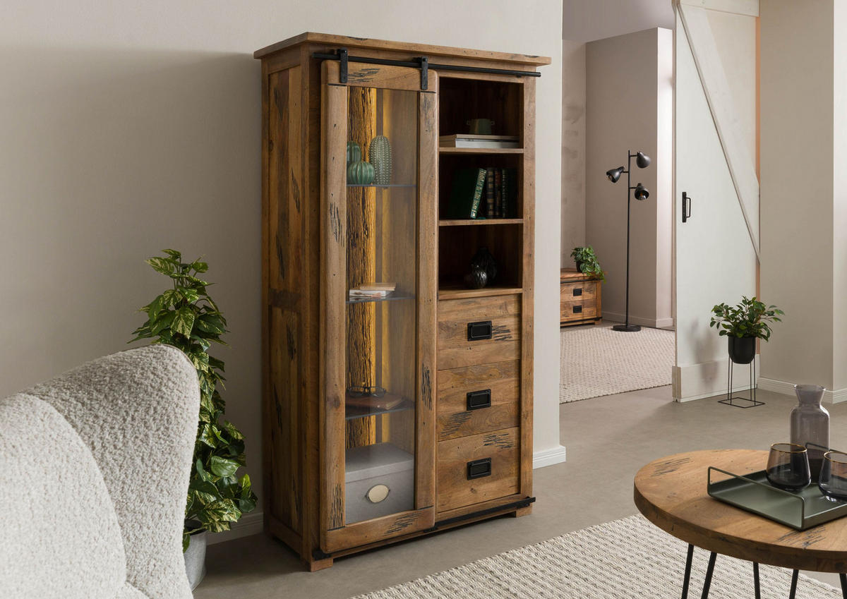 VITRINE Mango / Altholz 100x45x175 natur lackiert RAILWAY LUX #125 - Braun, Holz (100/175/45cm) - Massivmoebel24
