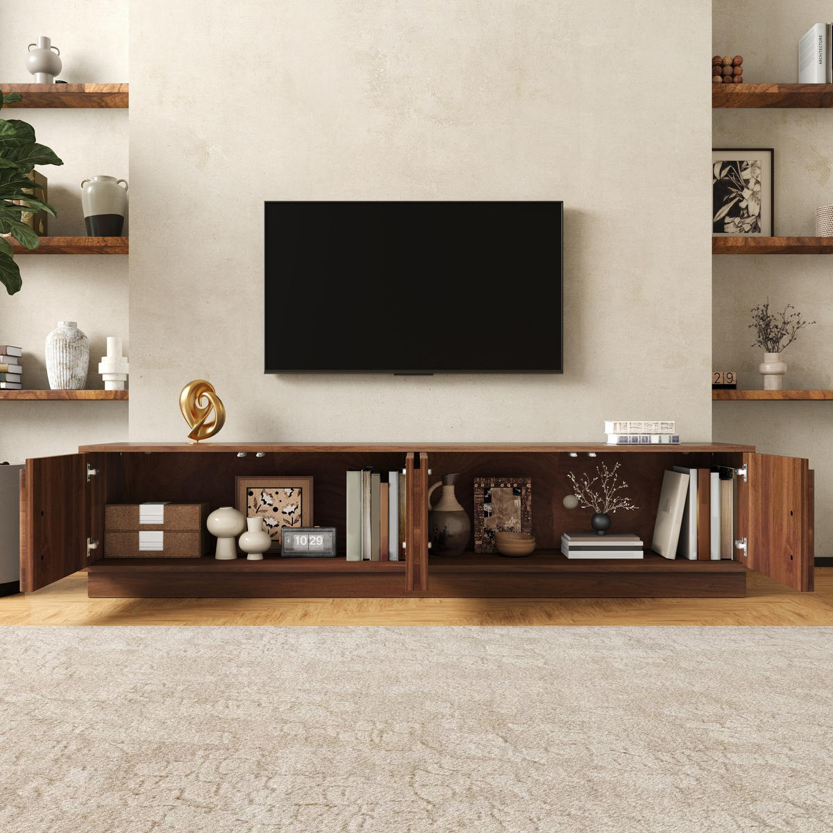 TV-ELEMENT180X40X44,5CM NussbaumRetroDesign mit LEDBeleuchtung PushtoOpen - Walnussfarben, Holz (47.5/18.49/115.49cm) - Raelunyi