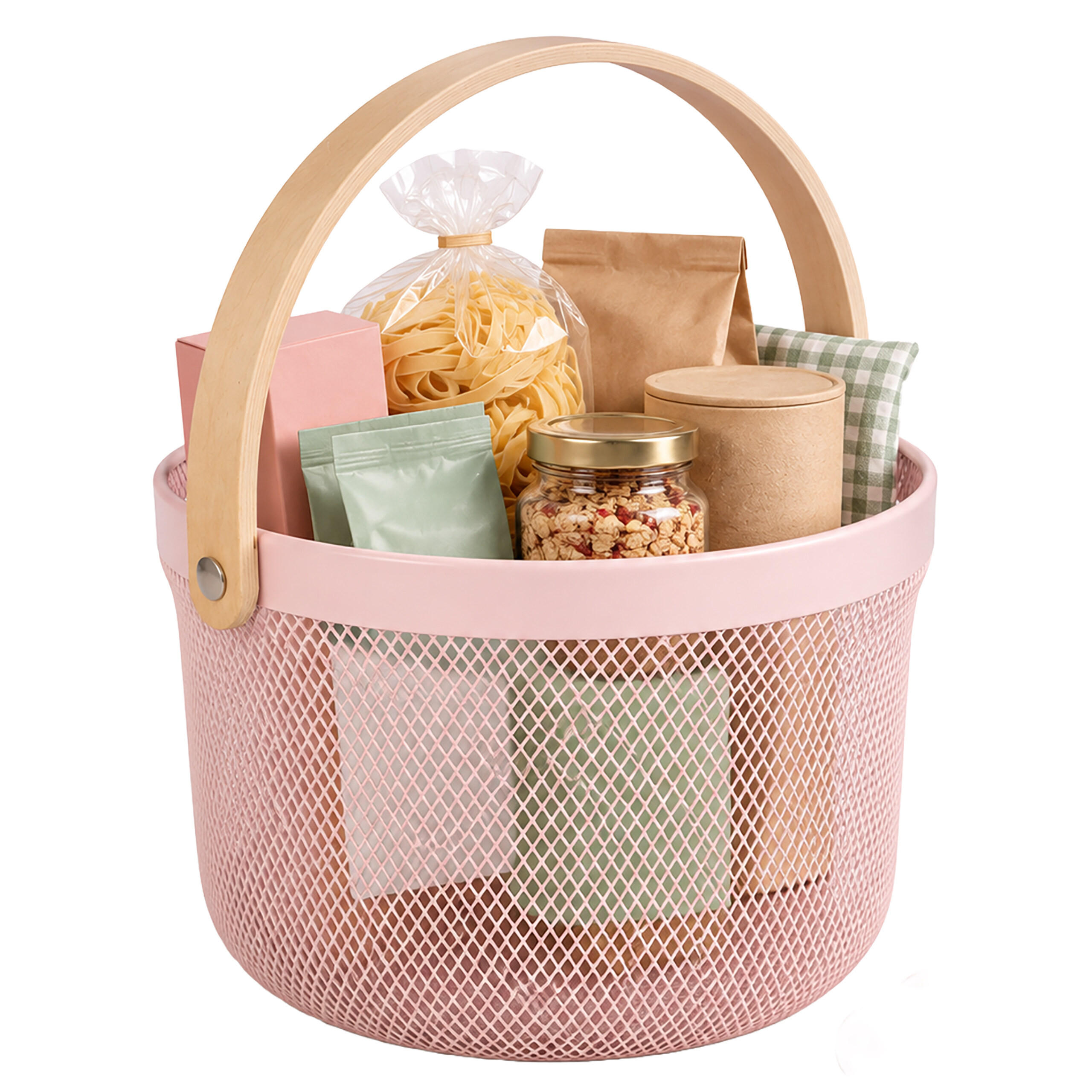 KORB Rosa Draht Holzhenkel 27,5 cm - Rosa, Holz/Metall (27.5/30/25.5cm) - Relaxdays
