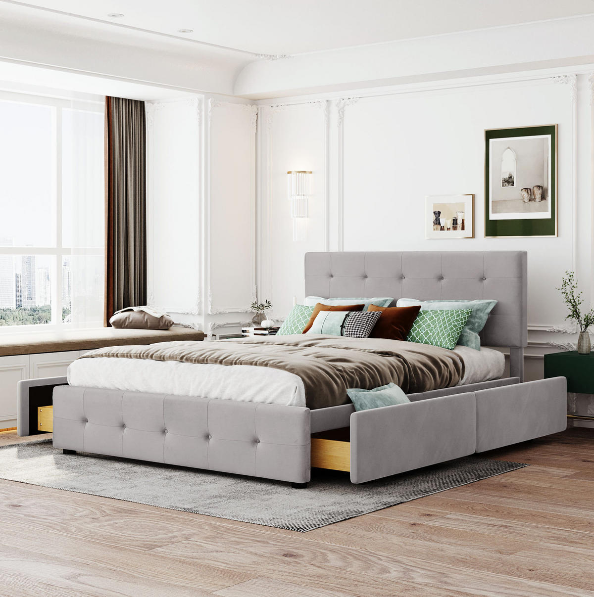 POLSTERBETT 140/200 cm Grau aus Stoff mit 4 Schubladen - Grau, Textil (140/200cm) - OKMYHOME