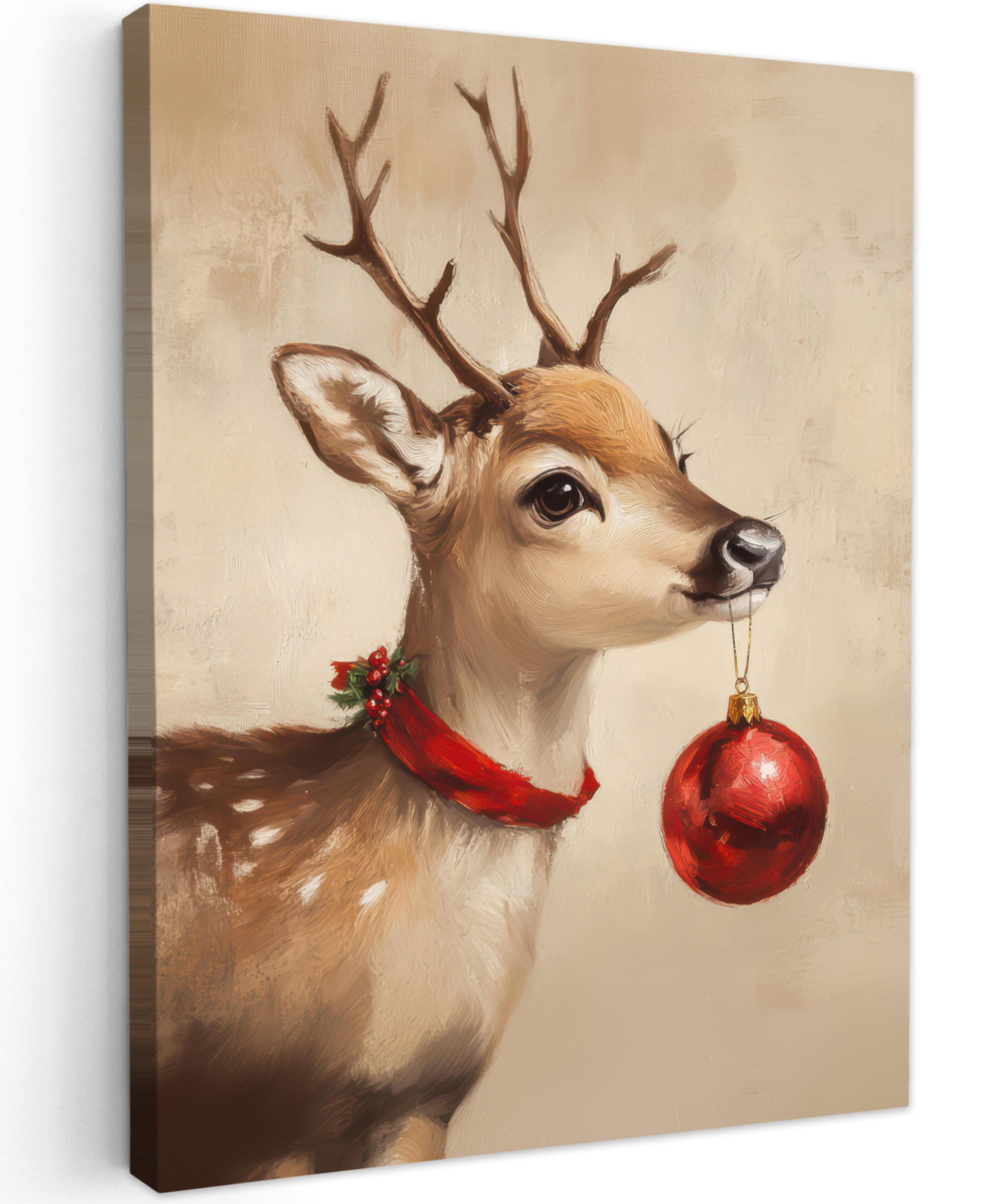 LEINWANDBILD Weihnachten - Hirsch - Geweih - Weihnachtskugel - Rentier 30x40 cm - Hellbraun, Textil (30/40cm) - MuchoWow