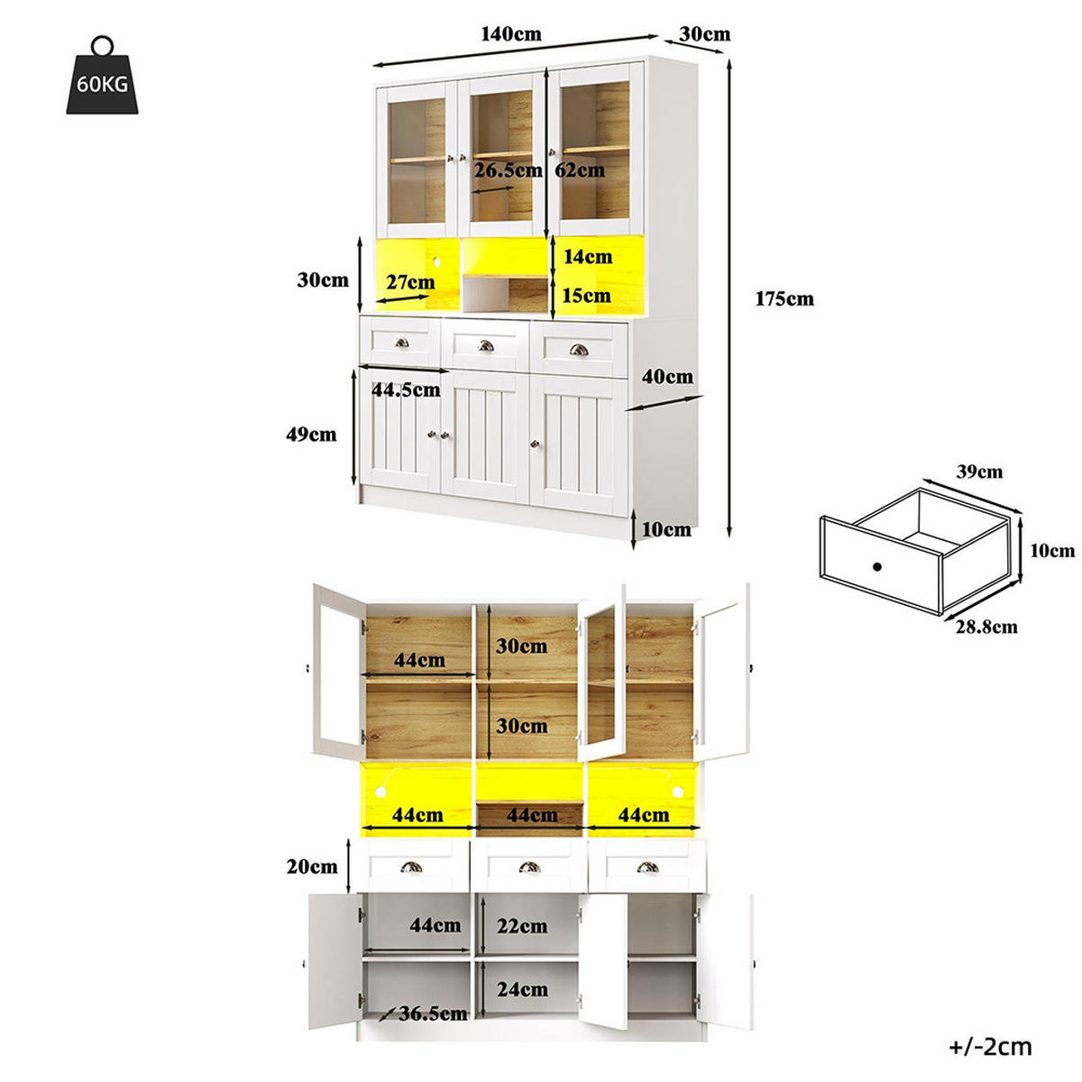 KÜCHE Wandschrank Weiß/Schwarz 140/40/175 cm - Weiß, Holzwerkstoff (140/175/40cm) - Zephmum