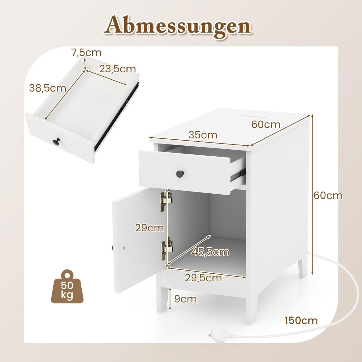 BEISTELLTISCH mit integrierter Ladestation, Schublade und Zeitschriftenhalter, Weiß - Weiß, Holzwerkstoff (60/60/35cm) - DESIGN IN