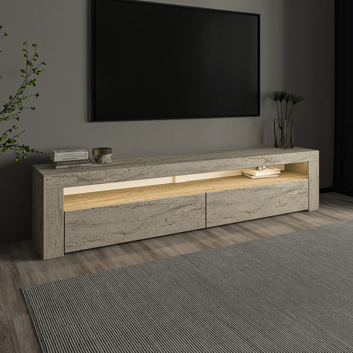TV LOWBOARD Bati Granitoptik mit Travertin LED-Leuchten 93311 - Beige, Holzwerkstoff (150/47/37cm) - moebel17