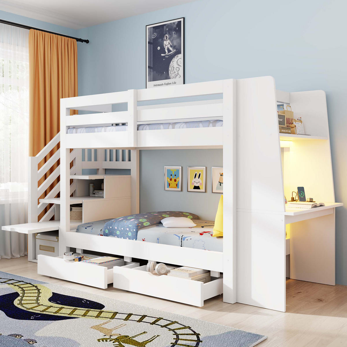 ETAGENBETT 90/200 cm mit Schreibtisch und LED, DE-41592, in Weiß - Weiß, Holzwerkstoff (90/200cm) - ComfortXL
