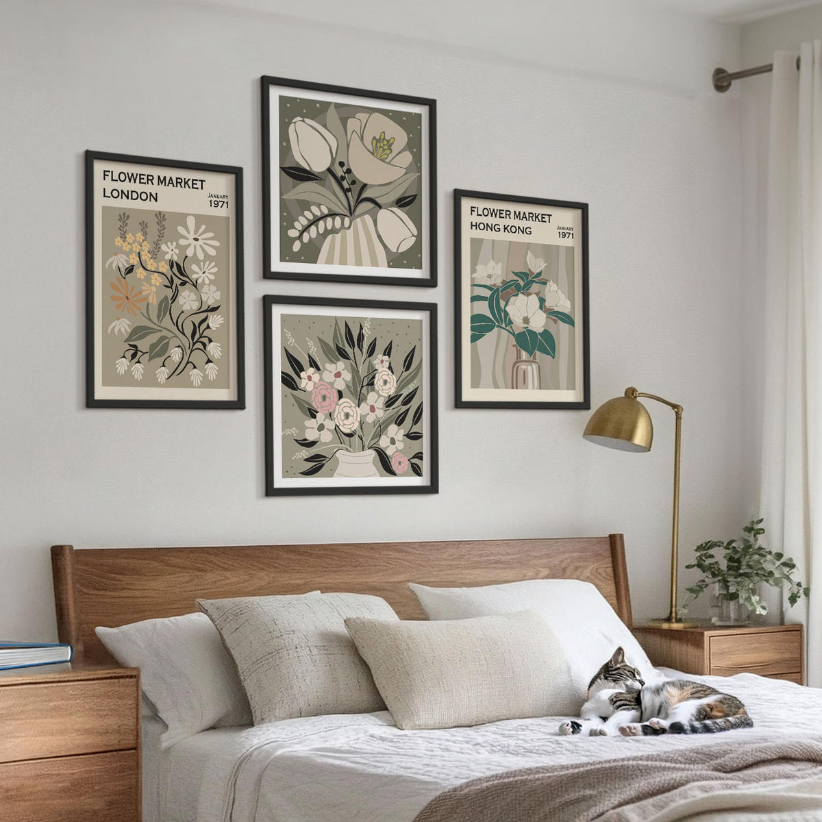 WANDBILDER 4er-Set - 50x50 cm & 40x60 cm Schwarzer Rahmen - Blumenillustrationen London Hongkong - Schwarz, Kunststoff (50/50cm) - ArtPrintCave
